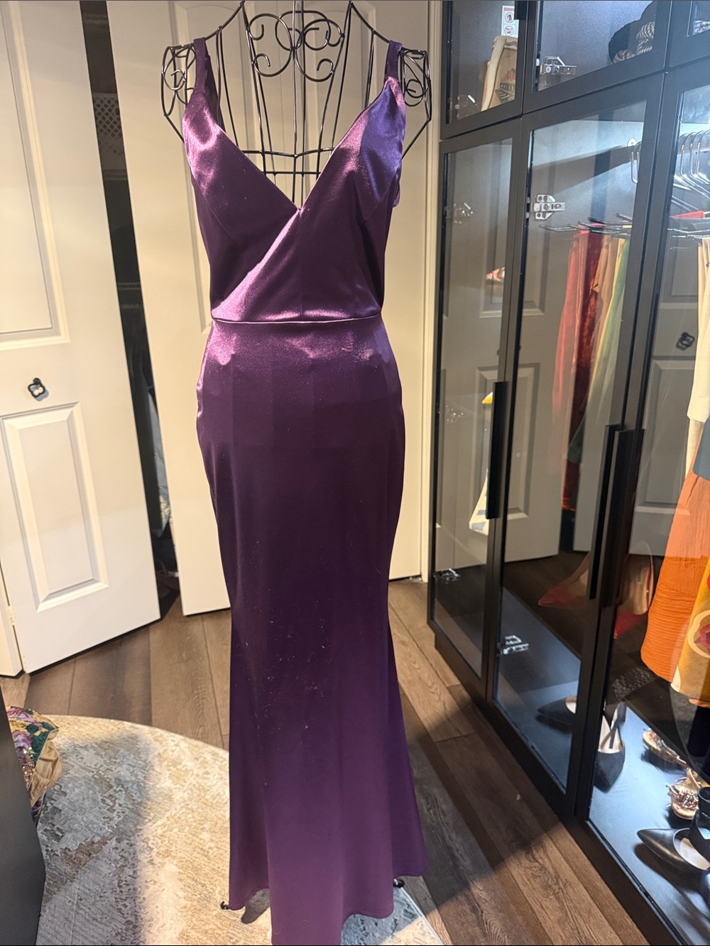 Lulu's Deep Purple Satin V-Neck Spaghetti-Strap Prom Gown
